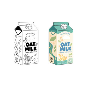 Eco friendly oat milk paper packaging set, vegan beverage carton vector illustration