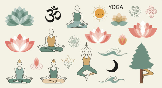 Zen yoga vector collection with lotus flowers and meditation poses, spiritual om symbol and nature elements set, wellness and mindfulness icons