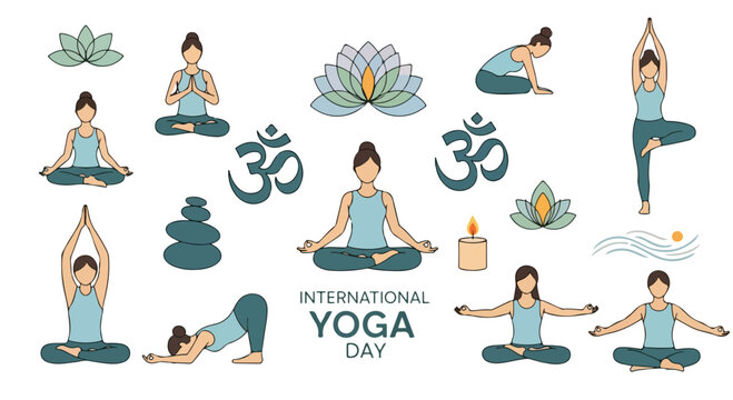 International Yoga Day vector set, flat illustration of women in yoga poses, meditation and wellness icons with lotus flowers and om symbols