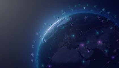 Obraz premium Global Satellite Internet Network Over Earth at Night with Advanced Communication Technology, Ai generated