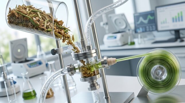 Close up of laboratory equipment extracting green essential oil from dried herbs using advanced distillation process for natural cosmetic or pharmaceutical product research