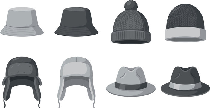 Winter and Autumn Men and Women Hat Collection with Bucket Hats Beanie Caps Ushanka Flaps and Fedora Styles Vector Monochromatic Fashion Illustrations