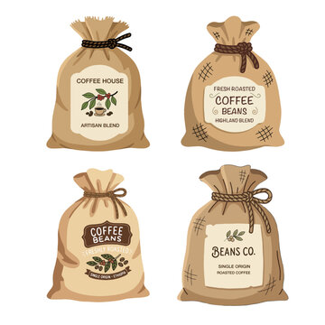 Coffee bean burlap sack collection, set of vintage gunny bags vector illustration
