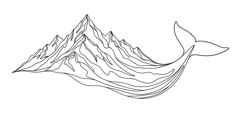 Mountain range and whale tail merged in single line art silhouette for nature lovers icon.