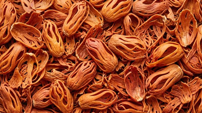 Close up overhead view of dried mace spice with intricate lacy texture and warm orange brown hues filling the frame