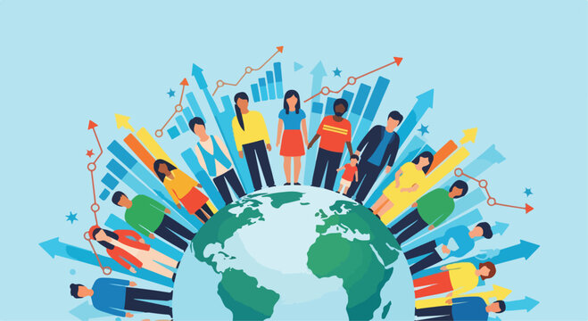Global business community vector, diverse people standing on earth globe with financial growth charts, international market success and teamwork