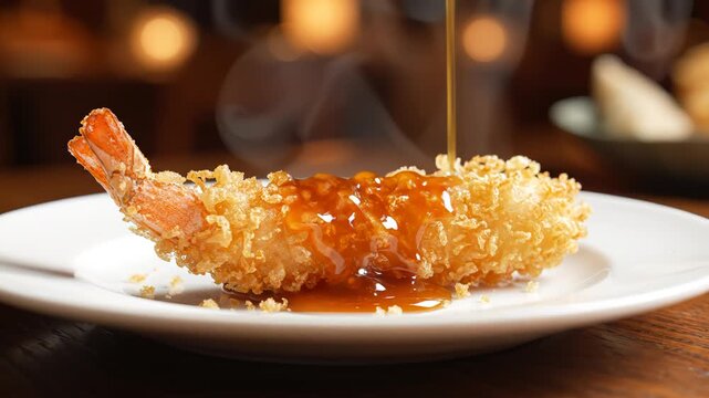 Fried shrimp on a plate highlighting geometric patterns and contemporary art
