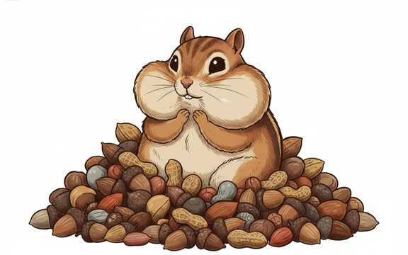 A charming illustration of a plump chipmunk joyfully nestled within a generous mound of assorted nuts, showcasing its delightful winter hoard