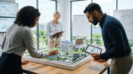 Fototapeta premium Architects and engineers analyzing a sustainable city model with wind turbines, solar panels, and green roofs in a modern office for renewable energy integration