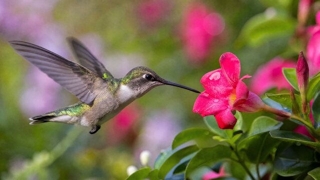 hummingbird. Hummingbird hovering near a single vibrant flower in a soft-focus garden. wildlife magazines, conservation campaigns, designed for eco-tourism storytelling, celebrates biodiversity.