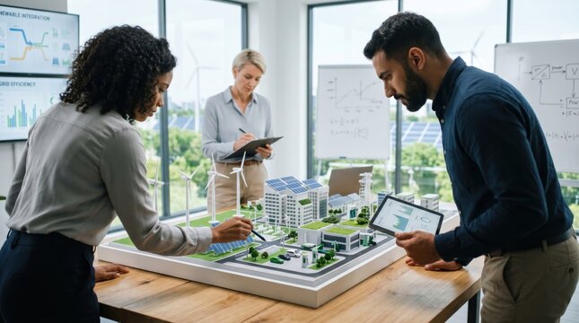 Architects and engineers analyzing a sustainable city model with wind turbines, solar panels, and green roofs in a modern office for renewable energy integration