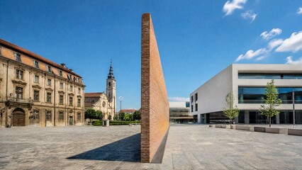 Obraz premium division. A new brick wall dividing a once-unified stone plaza. real-estate listings, architecture portfolios, designed for architectural facade and classical detail presentations.