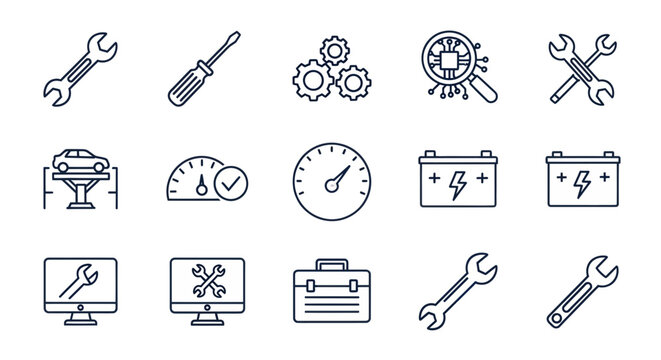 Automotive Service and Repair Icons Set: Tools, Diagnostics, Car Lift, Battery, Dashboard
