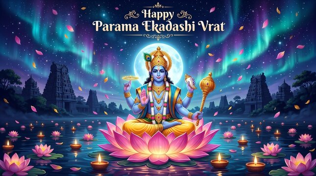 Divine Lord Vishnu Parama Ekadashi Vrat Celebration Artwork. Hindu god vishnu sits on lotus flower with candles and moonlight on parama ekadashi vrat
