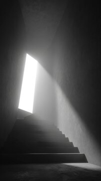 Surreal minimalist staircase floating in a black void with two geometric ramps and a small midair landing, illuminated by a large glowing doorway casting strong dramatic light