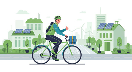 Naklejka premium Eco-friendly cyclist in green city with solar panels and wind turbines