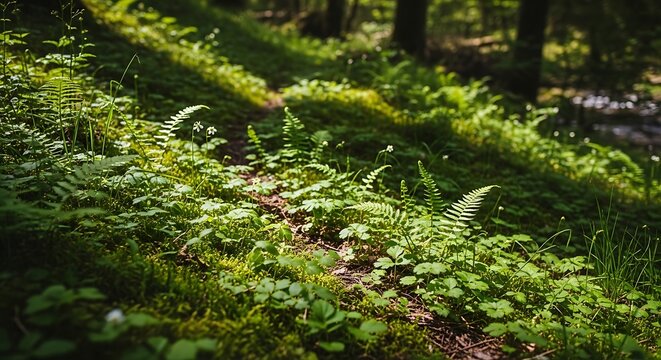 Lush green forest floor with ferns.