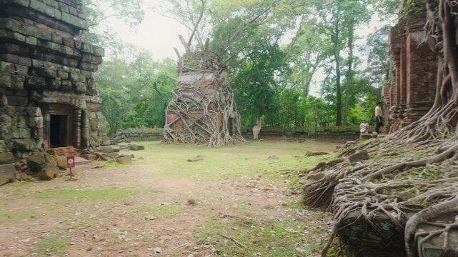 Ancient brick temples overgrown with trees in Koh Ker, Siem Reap, Cambodia.. The ruins showcase the Khmer Empire's architectural legacy.