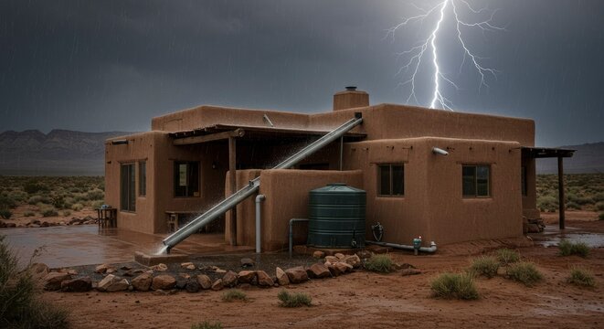 Desert Adobe Home Experiences Thunderstorm with Lightning and Rainwater Harvesting