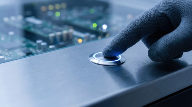 Finger pressing power button on metal case of tensor processing unit TPU ai accelerators for advanced computing technology