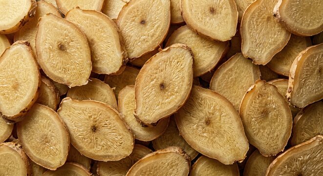 Overhead view of thinly sliced dried ginger root pieces with fibrous texture and light brown edges
