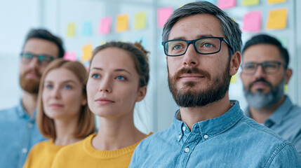 Obraz premium Five diverse professionals in an office setting looking forward with determination and focus sticky notes on glass wall in background