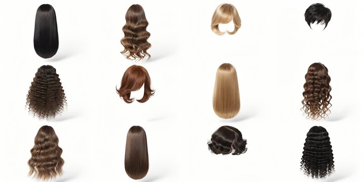 Collection of Twelve Floating Human Hair Wigs Showcasing Various Styles Including Straight Wavy Curly Bob and Pixie Cut in Natural Colors on White Background