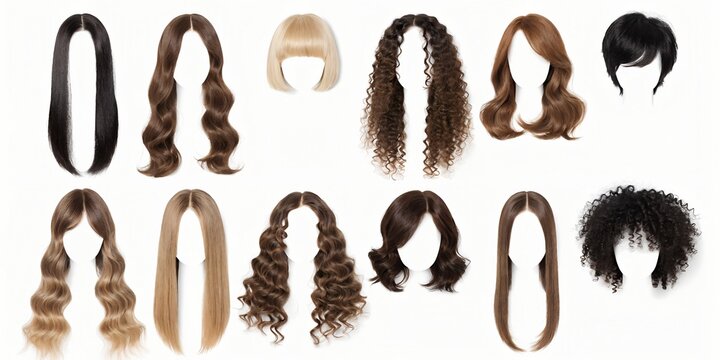 Collection of Twelve Floating Human Hair Wigs Showcasing Various Styles Including Straight Wavy Curly Bob and Pixie Cut in Natural Colors on White Background