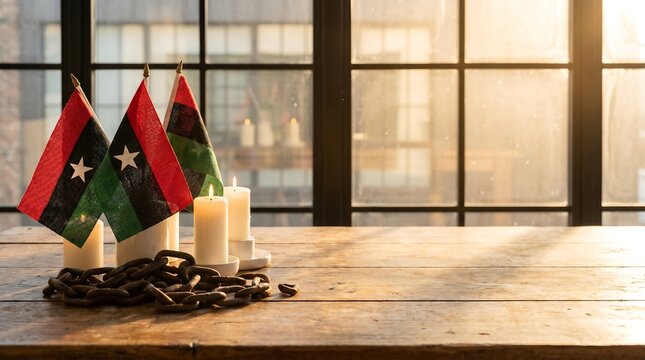  Juneteenth flags and candles on a wooden table.
