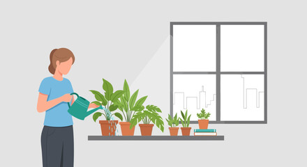Fototapeta premium Woman watering houseplants on a windowsill with city view