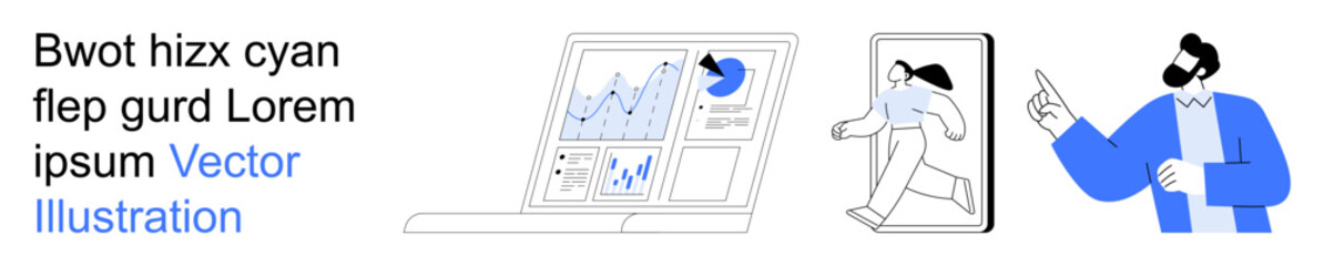 Naklejka na ściany i meble Business strategy, technology, data analysis, mobile connectivity, teamwork, communication. Data graphs on a laptop, a person walking through a screen and pointing gesture. Business strategy