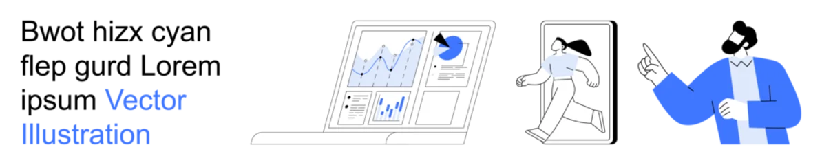 Business strategy, technology, data analysis, mobile connectivity, teamwork, communication. Data graphs on a laptop, a person walking through a screen and pointing gesture. Business strategy © robu_s