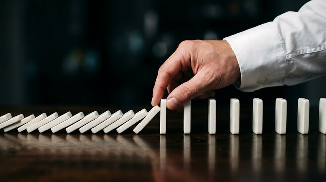 Hand halts falling dominoes on polished wooden table. Stilled moment before chain reaction begins. Tension hangs thick in the air. Choice between stopping damage or allowing collapse