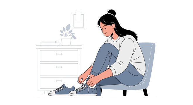 Young woman tying shoelaces while sitting on a chair, preparing for activity