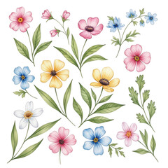 Obraz premium A vibrant and colorful illustration of various flowers and leaves isolated on transparent background
