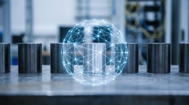 Digital control grid sphere glowing above metal cylinder on industrial table with blurred background