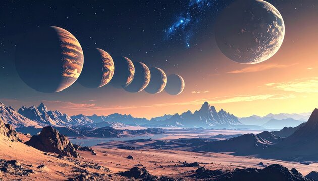 Alien planets align above a rugged landscape under a starlit sky
