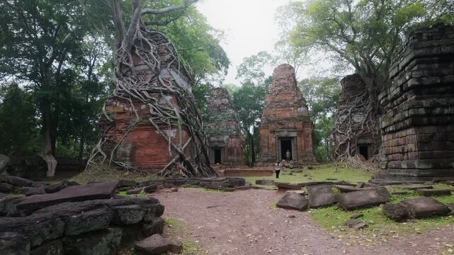 Ancient brick temples overgrown with trees in Koh Ker, Siem Reap, Cambodia.. The ruins showcase the Khmer Empire's architectural legacy.
