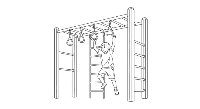 Boy Hanging on Monkey Bars at Playground