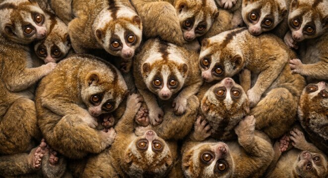 Group of adorable slow lorises huddled together with large expressive eyes looking up in a soft warm light creating a charming and curious wildlife collection
