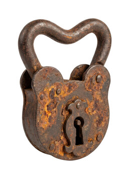 Rusty old padlock with heart shaped handle
