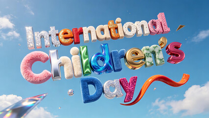 Whimsical 3D 'International Children's Day' text with floating elements	Used for Children's Day event flyers, social media graphics, party invitations, promotional visuals