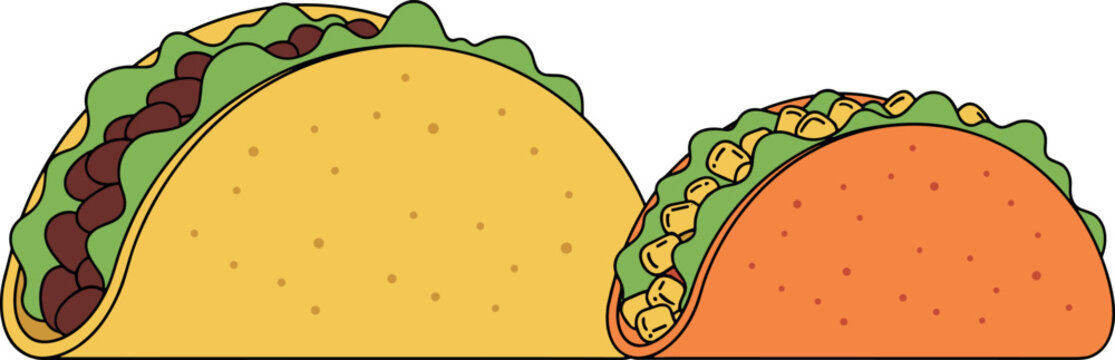 Traditional Mexican Taco Vector Set Featuring Flat Line Art Tortilla Shells Filled with Meat Corn Lettuce and Guacamole for Restaurant Menu Graphic Designs