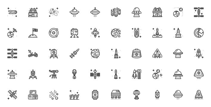 Space icon set. Minimal vector icons pack. Featuring comet, ufo, orbit, moon, rocket, lander, spaceship, telescope, satellite, solar system, space station and more. Editable vector stroke.