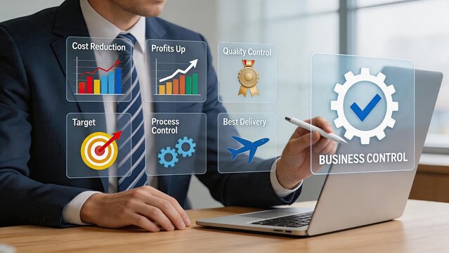 Businessman analyzing business control dashboard with cost reduction, profit growth and quality control icons on laptop screen for corporate management strategy concept