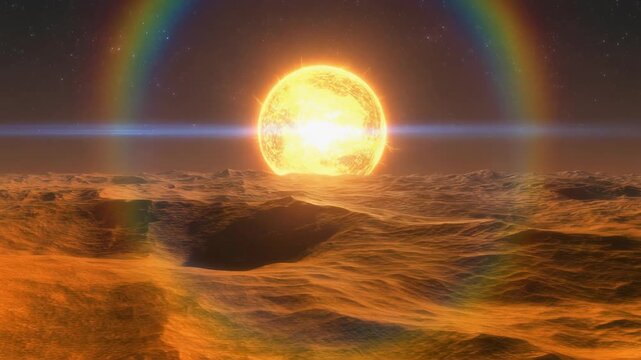 Alien Planet Sunrise with Cosmic Rainbows 4K Generative AI