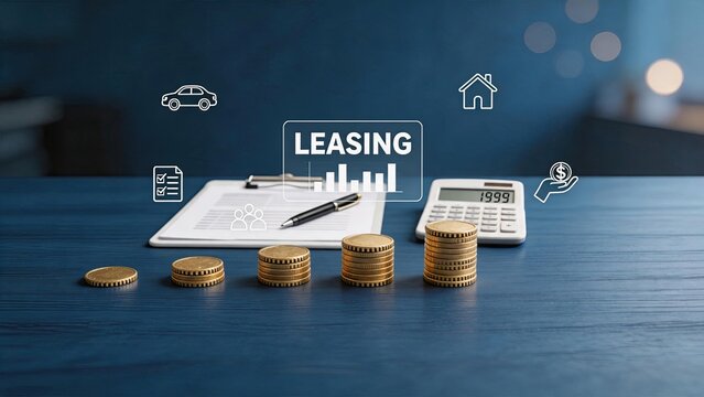 Leasing financial concept with coins stack, calculator and contract documents, car and house icons, budget planning, investment savings, loan agreement, business finance