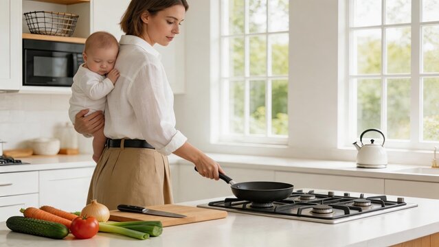 Young mother holding sleeping baby in kitchen while cooking dinner, multitasking parenting concept, woman preparing food on stove with fresh vegetables on counter, domestic life