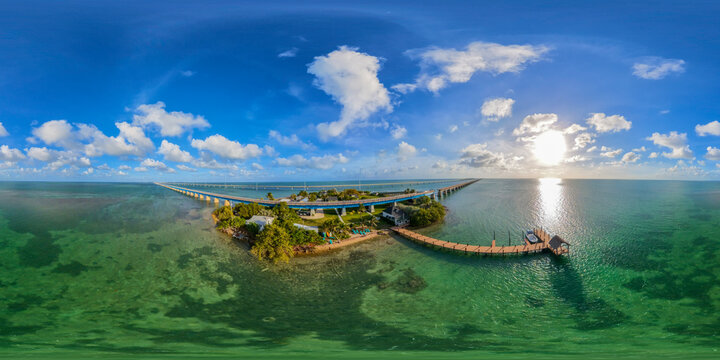 Aerial 360 VR photo Florida Keys Pigeon Key sunset 7 mile bridge 2026