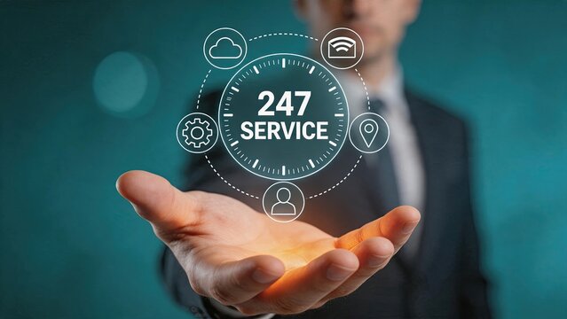 Customer support service concept with hand holding 24/7 clock icon, cloud computing and connectivity symbols, technical assistance and helpdesk availability for business